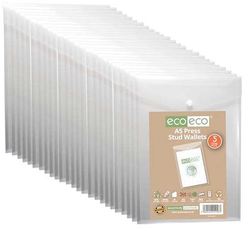 eco-eco A5 50% recycelte, transparente Hochformat-Mappe mit Druckknopf, Kunststoff, 230 x 170 mm, 25 Stück, 200 mic, eco158 x 25