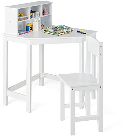COSTWAY Kids Desk and Chair Set, L Shaped Corner Desks with Hutch, Open Storage Shelves, Children School Study Table Computer Workstation for Small Spaces, White