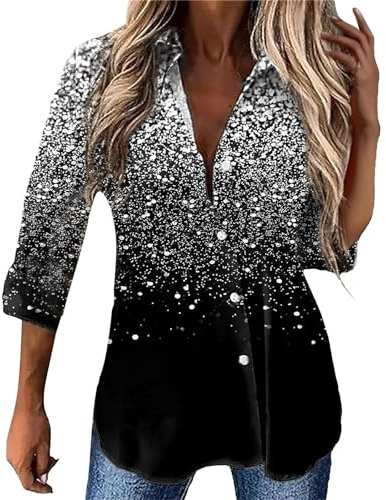 Uwdiohq Chemise à Manches Longues de Grande Taille à imprimé 3D à Paillettes pour Femmes Hauts pour Femmes Habillées Chemise Elastane Femme Chemisier Femme en Satin Pull De Noel Femme XXL