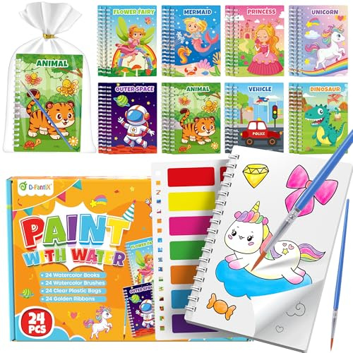 D-FantiX 24 Kleine Malbücher mit Wasserfarben für Kinder ab 3-8 Jahren | mitgebsel kindergeburtstag Wassermalbuch für Kleinkinder, kindergeburtstag gastgeschenke Aquarell-Malpapier