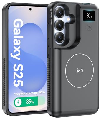 NEWDERY for Samsung Galaxy S25 Battery Case 6.2, 8000mAh Portable Power Bank with LED Display, Qi Wireless Charger & 20W USB C Fast Charging, Sync-Data Supported Black