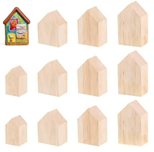 12 Pcs Unfinished Wooden House Block Craft, 4 Sizes Small Arrow Shape Wooden Blocks Blank Mini House Wooden Craft Shapes for Crafts Sign Decoration DIY