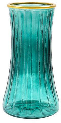 Gemsaya Jarrones de cristal para flores, floreros grandes de 23,5 cm de alto para centros de mesa, jarrón cilíndrico de cristal moderno verde oscuro con boca de alambre dorado para decoración del