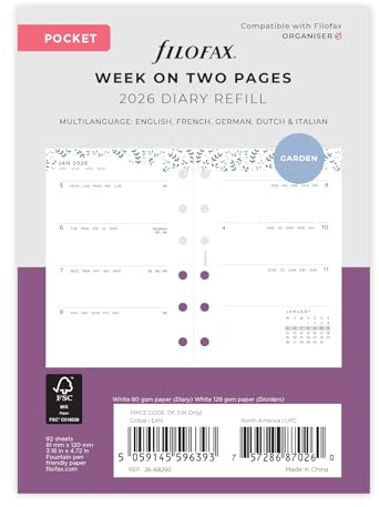 Filofax Kalender Garden Week to view Illustrated Diary Refill Pack Pocket 2026