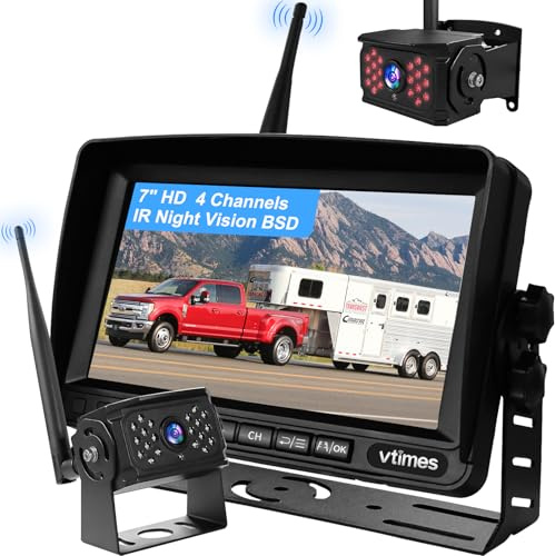 Wireless Backup Camera for Trucks, RV Backup Camera Wireless with 7 HD Monitor, 4 Channels Split Screen, BSD Alert, 984ft Signal Range, IP69K Waterproof IR Night Vision Wide Angle, DIY Guide Lines