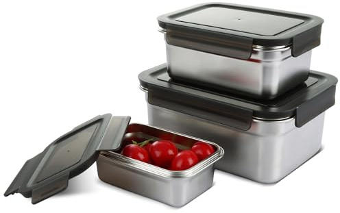 AKOLAFE Stainless Steel Lunch Box Set of 3 Stainless Steel Food Containers with Lids 450ml, 1100ml, 2500ml Stackable Metal Lunch Box for Adults Leakproof Meal Prep Containers Reusable