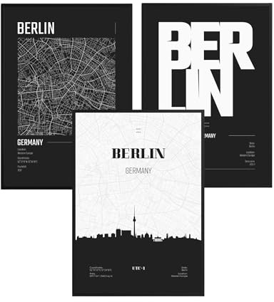 ag.art deco® 3er Set Poster A4 Wanddeko Wohnzimmer Ideal als Geschenk Flur | Berlin Schwarzweiß Bilder mit Rahmen hochwertiger Kunstdruck Modernes Wandbild Stadtplan Berlin Schlafzimmer Wohnzimmer