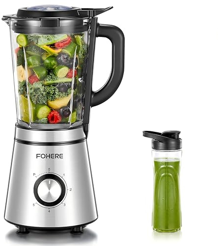 FOHERE 1100W Standmixer für Smoothies & Proteinshakes, 1,5L Glasbehälter, 600ml To-Go-Becher, 4 Edelstahlklingen, 5 Geschwindigkeiten, Selbstreinigung, Für Fitness- & Smoothie-Liebhaber