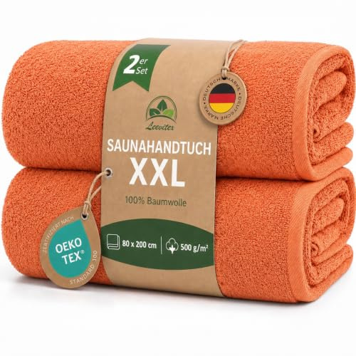 leevitex Saunahandtücher XXL 2er Set 80x200 cm, 100% Baumwolle, Badetuch | Flauschig & saugstark · OEKO-TEX zertifiziert · 100% Baumwolle, 500 g/m² Premium-Frottee, Terrakotta