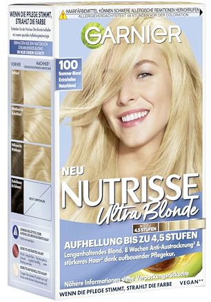 Garnier Nutrisse Creme Nr. 100 Extra Helles Naturblond, dauerhafte Pflege-Haarfarbe, mit nährenden Fruchtölen, 100% Grauabdeckung