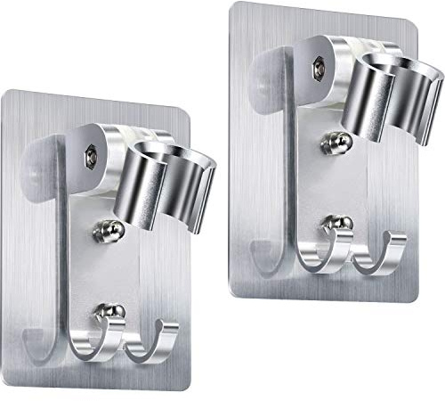 CHENGU 2 Pcs Shower Head Holder Strong Adhesive Shower Head Wall Mounting Bracket Adjustable Wand Stand with 2 Hanger Hooks No Drill Need