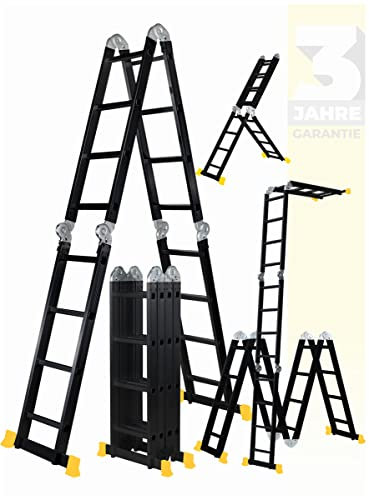 𝐂𝐑𝐀𝐅𝐓𝐅𝐔𝐋𝐋 Aluminium Mehrzweckleiter | 𝟑 𝐉𝐀𝐇𝐑𝐄 𝐆𝐀𝐑𝐀𝐍𝐓𝐈𝐄 - 6in1 Multifunktionsleiter - 16 Sprossen - 450 cm Leiter - Gelenkleiter - Leitergerüst (Schwarz 4x4 Sprossen)