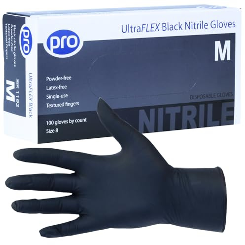 PRO UltraFLEX Black Disposable Gloves - Black Nitrile Gloves Disposable Medium - 100x Pack - Powder-Free - Latex Free - Ideal Nail Tech Supplies, Tattoo Supplies - Food Safe