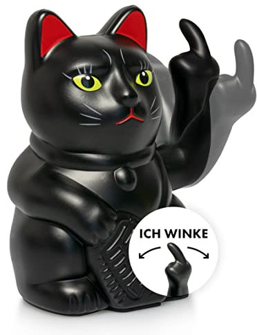 ANGRY CAT - Winkekatze Lucky CAT - Lustige winkende Katze - japanische Winkkatze mit Stinkefinger - Dekoartikel Wackelfigur Katze - Winke-Arm mit Mittelfinger - 15cm, SCHWARZ-MATT