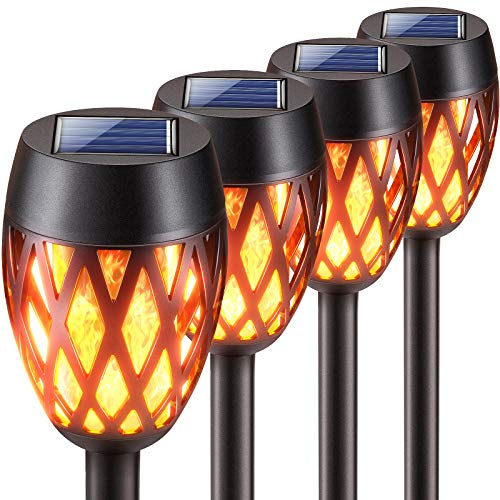 KOOPER Solarlampen für Außen, 4 Stück Upgrade Solarleuchten mit Realistischem Flammenlicht, IP65 Wasserdicht Garten Deko Solar Fackeln für Halloween Weihnachten, Hof, Balkon, Weg