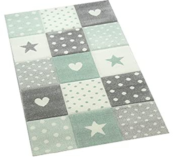 CARPETIA Kinderteppich Kinderzimmer Teppich Punkte Herz Stern Design grün grau Creme Größe 80x150 cm
