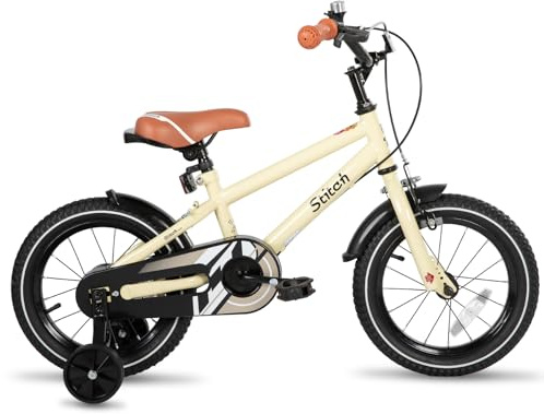 STITCH 14-tums barncykel för 3-5 åldrar flickor/pojkar, 14-tums hjulcykel för pojkar med stabilisatorer, cykel för 3-åring, beige