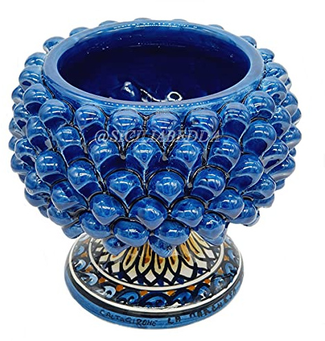 sicilia bedda - Mezza PIGNA in Ceramica di CALTAGIRONE con Piede Decorato Realizzata Interamente a Mano - Vaso Porta Fiori - Ogni realizzazione è unica per voi (Diametro 15, Blu Ceruleo)