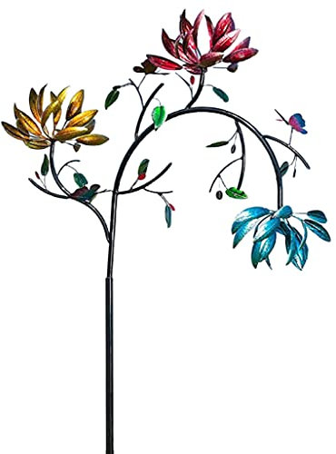 K-MANYU Grand moulin à vent en métal avec 3 fleurs tournantes et papillons - Sculpture pour l'extérieur et le jardin - Décoration florale et papillons