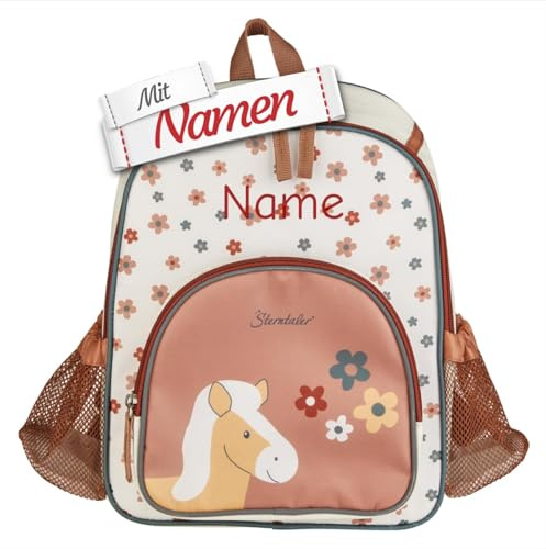 LALALO Sterntaler Kindergartenrucksack personalisiert, Kollektion Kindergartenrucksack Pferd Sunny, mit Namen bestickt, für Kita, 30 x 24 cm, ca. 5 L, Fronttasche, Netztaschen, Brustgurt