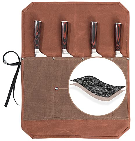 Kaaltisy Rodillo de Cuchillo de Jefe, Profesional Anti-Corte de Tela portacuchillos, 4 Ranuras Cuchillo Caso con Cuerda de Corbata, Bolsa de Almacenamiento de Lona Encerada Resistente 16oz