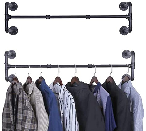 NAIMP Industrial Pipe Clothes Rail Wall Mounted Black, Set of 2 Clothing Rack Clothes Hanging Rail, Heavy Duty 3.4ft Garment Rack Wall Clothes Rack for Coats, Jackets, Dresses, Shirts (2Pcs)