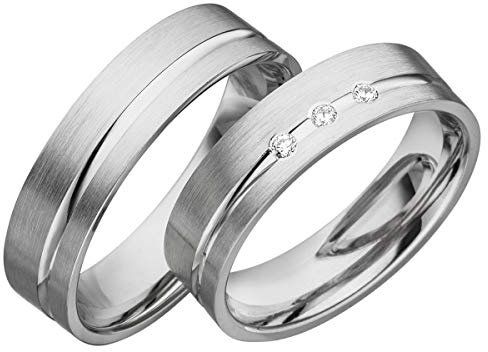 JC Trauringe 925er Sterling Silber Paar-Preis I Eheringe mit kostenfreier Gravur I Partnerringe 5,5mm breit inkl. Etui I Herren-Ring ohne & Damen-Ring mit Zirkonia-Steine I Größe 48 bis 72 I S021