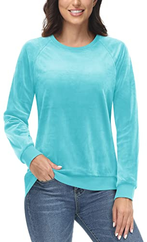 TACVASEN Damen Sweatshirts Velour Winter Fleecepullover Nicki Pullover Samt Basic Langarmshirt Rundhals Langarm Blau XL