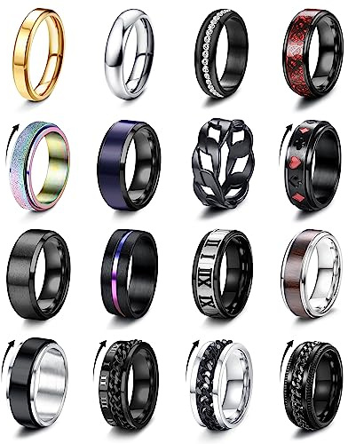 FIOROYAL 16 Stück Ringe Herren Edelstahl Herren Ring Schwarz Coole Ketten Fidget Spinner Ring Set Flaschenöffner Ringe Hochzeit Versprechen Ring für Männer Damen Größe 57