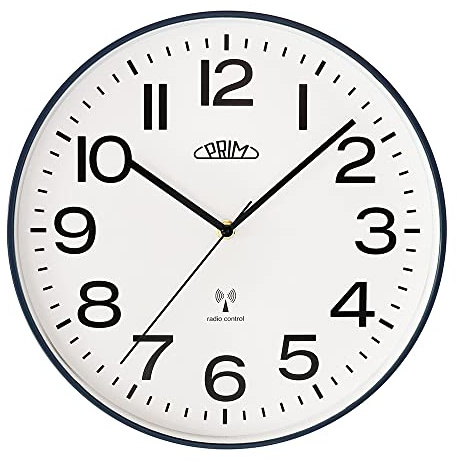PRIM Design Funkuhr Radio Classic Trendische Wanduhr, Weiß/Blau, Funkgesteuert, aus Kunststoff, Ø 300 mm Funk Wanduhr Modern, Wand-Deko, Perfekt als Küchenuhr Wand-Deko Wohnzimmer, Büro
