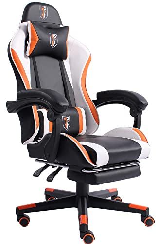 Gaming i racing-design med flexibla vadderade armstöd, ergonomisk PC-gamingstol i läderutseende, skrivbordsstol med utdragbart fotstöd och extra stödkudde, färg: svart/vit-orange