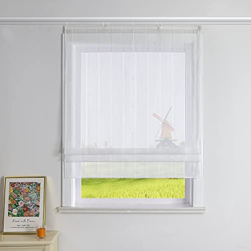 CORLIF Raffrollo Gestreifte Raffgardinen mit Streifen mit Baumwollgarn-Optik Gardinen Landhaus Bändchenrollo Küche Transparente Rollos Modern für Fenster mit Klettband Weiß BxH 80x140 cm 1 Stück