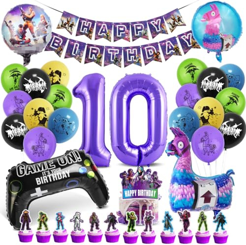 Deko 10. Geburtstag Junge, Gaming Party Luftballon Set, Zahl 10 Folienballon Violett Schwarz, Luftballons Girlanden Banner für Kindergeburtstag Party Dekoration
