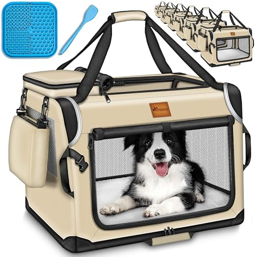 TRESKO® Hundebox faltbar mit Leckmatte, Spatel & Reflektoren XXL 92x63x63cm | Transportbox für Hunde und Katzen | Hundetransportbox Auto für kleine & große Hunde | Hundetasche für Zuhause robust