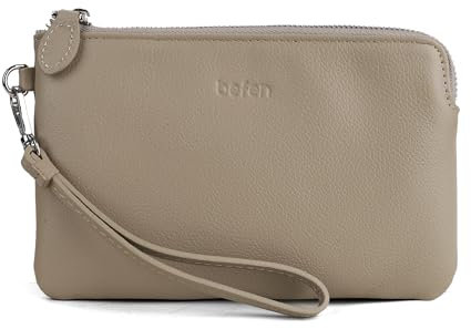 befen Damen-Clutch aus echtem Leder, schmaler Eckreißverschluss, silberfarbener Reißverschluss, A01 Light Taupe