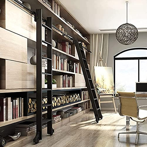 FUYAO 3ft-20ft Retractable Rolling Library Ladder Track Bracket, Pulley Type Horizontal Wall Mount Sliding Library Ladder Hardware Kit System，with Floor Roller Wheels (No Ladder)