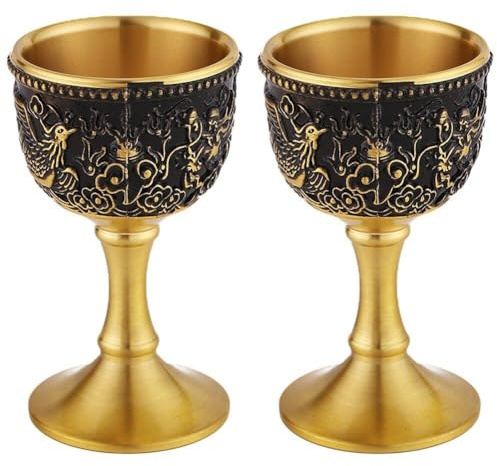 Dinntty 2pcs/set Vintage Chalice Goblet Pure Copper Wine Glass Embossed Style Brass Wine Goblet Royal Embossed Wine Glasses Cup
