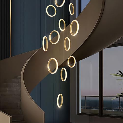 RuiRfh Kronleuchter moderne LED Villa Treppe große Pendelleuchte goldene dimmbare hohe Decke Hängelampe mit Fernbedienung geeignet für Foyer Hotel Wohnzimmer Aluminium 15 Ringbeleuchtung (Color : War