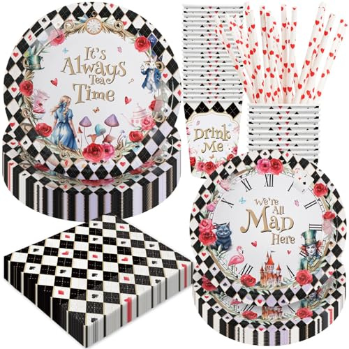 Decoraciones y suministros de té para el cumpleaños de Alicia en el país de las maravillas, 120 piezas, incluye platos de papel, servilletas, vasos y popotes