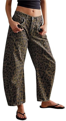 Stretchiga barrel-jeans för kvinnor, medelhög midja, vintage, lös passform, vida ben, croppade denimbxor, Y2K, baggy boyfriend-jeans , Leopard, L