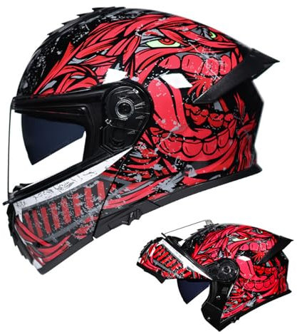 RYDZCLH Integralhelm Für Motorradfahrer, Integrierter Motorradhelm, Modularer Klapphelm Mit Beschlagfreiem Doppelvisier, DOT-Zugelassene ATV-Motorradhelme,Rot,3XL 63~64cm