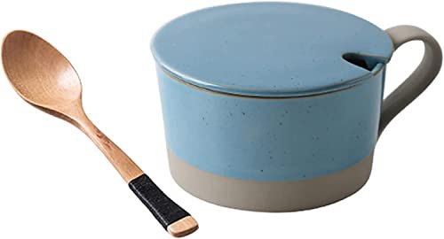 ALturN Suppenbecher, Suppenschüsseln mit Griffen, Keramik-Suppentasse mit Deckel und Griff, kleine Frühstücksschüssel mit Löffel, Dessert, bunte Keramik, mikrowellengeeignet.-blau-450ml(Blu)
