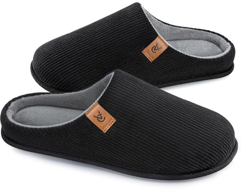 VeraCosy Men's Corduroy Slip-on Slippers Cozy Non-Slip Memory Foam Indoor House Shoes with Coral Fleece Lining Dark Black,7-8 US