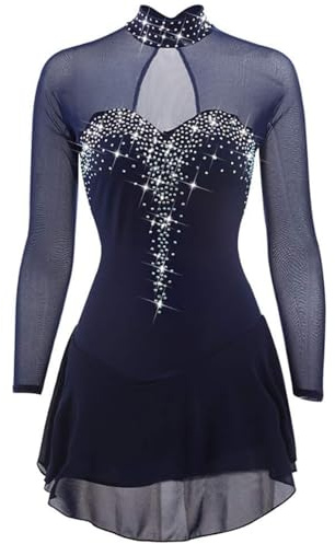TJDWPRRD Ice Figure Skating Dress Rhinestones Long Sleeve Girls' Skating Performance Costume Handmade Roller Skate Skirt,Blue,M