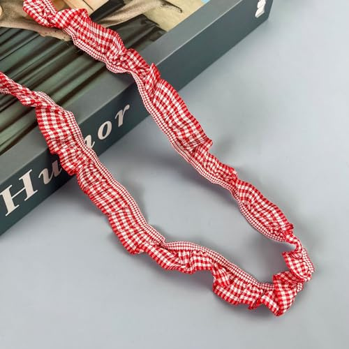 Blausky 30yards 2cm Elastische Kariertes Band,Schleifenband mit Rüschen,Spitzenborte Geschenkband Karoband Dekoband zum Verzieren,Nähen & Basteln für Kleidung Unterwäsche Haarschmuck,Rot