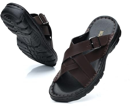 MGGMOKAY Sandales Homme Cuir,Casual D'été Slide de randonnée antidérapantes,Pantoufles de plage à la mode pour hommes,Marron,41