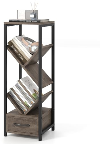 COSTWAY Set of 1/2 Tree Bookshelf, 4 Tier Floor Standing Storage Organizer with Drawer and Anti-Tipping Kits, Metal Frame Tall Narrow Bookcase Display Shelves for Small Space (1)