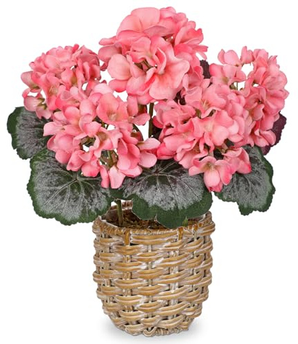 Arbours Kunstblume Geranie 28 cm Künstliche Blume wie Echt im Weidenkorb | Kunstpflanze Blühend Künstliche Geranie Tisch Regal Fensterbank Deko Rustikal Boho Wohnzimmer Badezimmer Küche Büro Deko