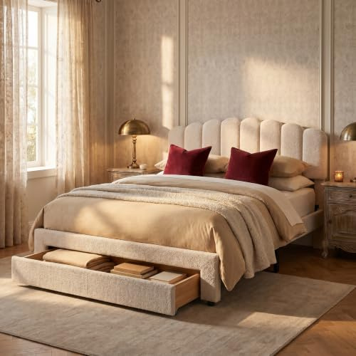 Julyue Polsterbett Stauraumbett 140x200cm mit USB Anschluss und höhenverstellbarem Kopfteil und Lattenrost, Teddy Samt Bett Jugendbett mit Stauraum Schubladen, Ohne Matratz (140X200 beige 1)