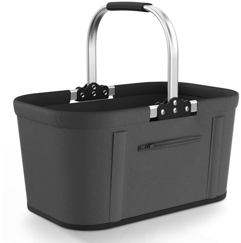 Yeabett 22 l vikbar shoppingkorg med 4 stödstänger | stabil bärkorg och picknickkorg | stor hopfällbar korg för familj (43 x 27 x 23 cm) | Med vadderade handtag | för shopping, resor, camping (grå)